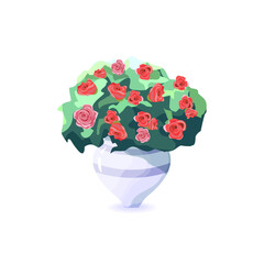 Garden vase with a lush bush of red roses, vector illustration isolated on a white background