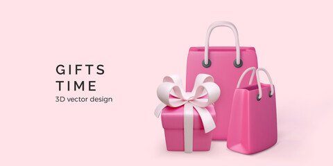 Pink gift box and paper bag. 3d pink shop bag and gift box with ribbon