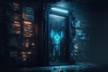 illustration of cyber space gate with neon light glow on it 