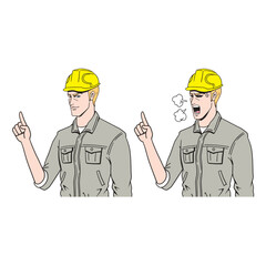 説明する白人の工事現場員