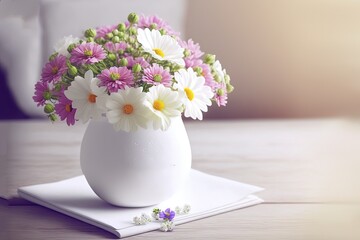 illustration of beautiful chrysanthemum flowers bouquet in white vase on desk with copy space