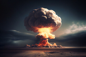 Nuclear explosion of an atom bomb with a mushroom cloud causing an apocalyptic Armageddon  through the use of a weapon of mass destruction, computer Generative AI stock illustration image - obrazy, fototapety, plakaty