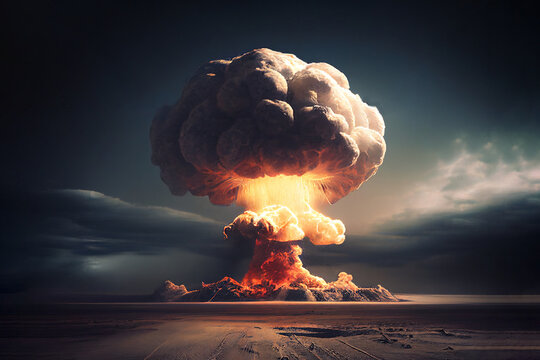 Nuclear explosion of an atom bomb with a mushroom cloud causing an apocalyptic Armageddon  through the use of a weapon of mass destruction, computer Generative AI stock illustration image