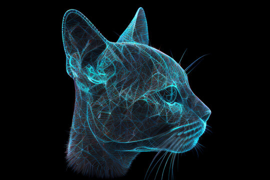 Neural network of a cat brain with big data and artificial intelligence circuit board in the head of a blue feline, outlining concepts of a digital brain, computer Generative AI stock illustration