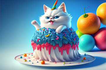 Birthday  fairy cake  party card with cute cat with blue background colors , use it as a background or greating card or setup room geneteativve ai