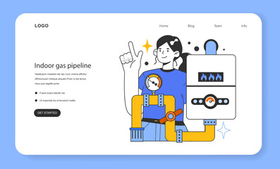 Indoor gas pipeline web banner or landing page. Natural gas transportation