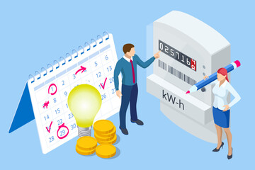 Isometric invoice and electricity meter. Utility bills payment. Electricity consumption expenses. Man paying utility, and electricity bills online