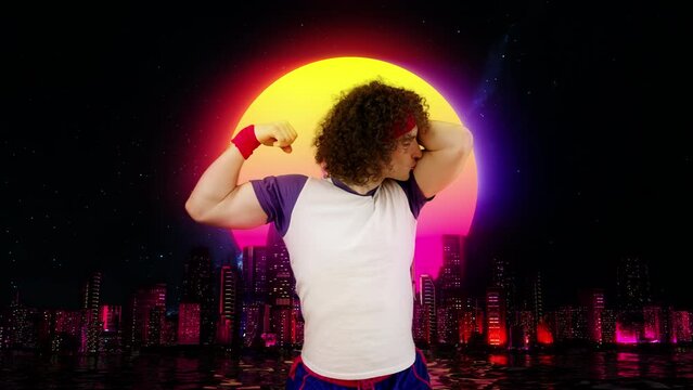 Portrait of funny young man kissing his biceps on retrowave themed background