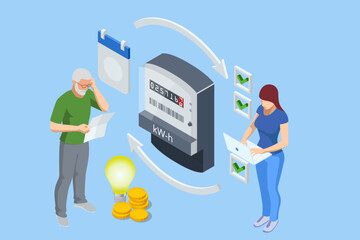 Isometric invoice and electricity meter. Utility bills payment. Electricity consumption expenses. People paying utility, and electricity bills online