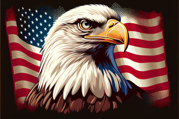 Proud american eagle on american flag background. AI generated