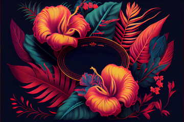 Hawaiian style pattern with hibiscus flowers and lush vegetation ideal for exotic backgrounds, generative AI