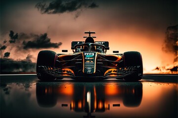 Formula one racing car at sunset, generative ai