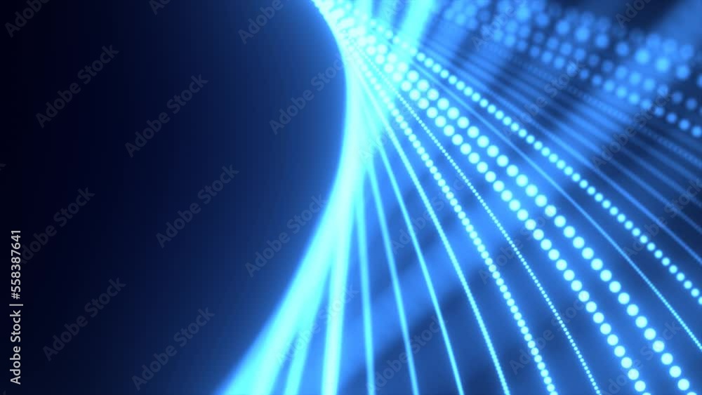 Poster abstract blue waves from lines and dots of particles of glowing swirling futuristic hi-tech with blu