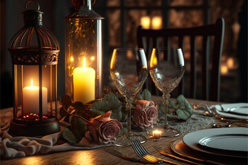 Candlelight dinner for valentine's day, love, wine, romantic, generative ai