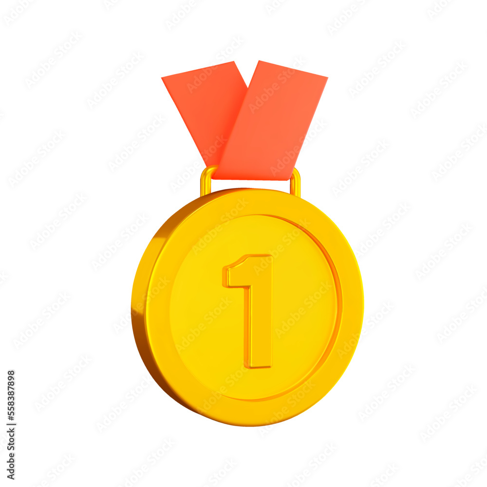 Poster medal with number 1 and red ribbon 3d icon. isolated object on a transparent background
