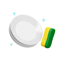 Washing the dishes. Clean plates and a dishwashing sponge