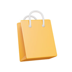 Shopping bag 3d icon. Yellow shopping bag with fabric handles. Isolated object on a transparent background