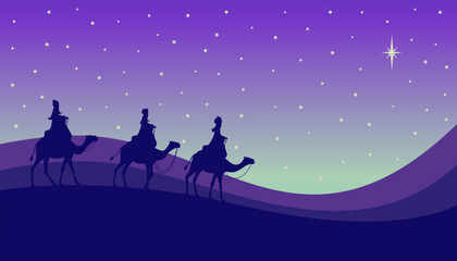 Fototapeta na wymiar Tarjeta de felicitación de Reyes Magos. Tres reyes siguiendo la estrella. Three Wise Men greeting card. Three kings following the star.