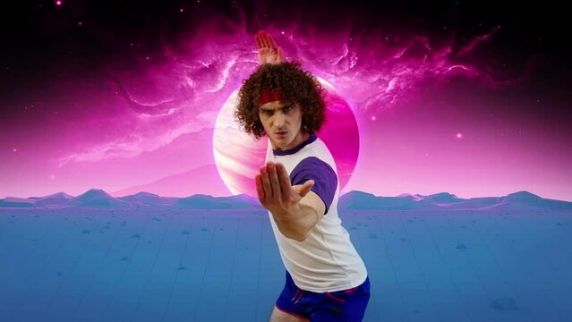 Funny man doing martial arts workout on synthwave background, imitating karate