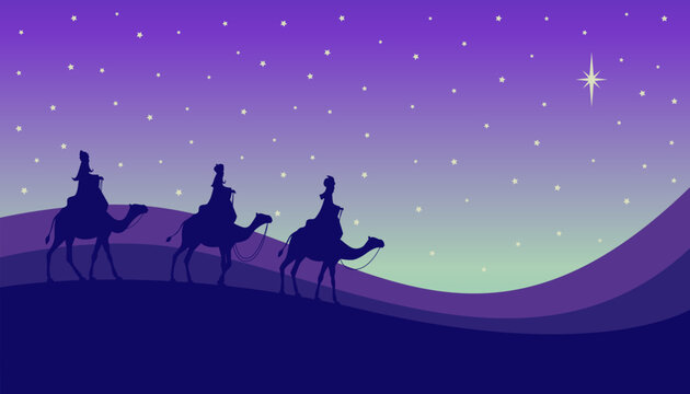 Tarjeta de felicitación de Reyes Magos. Tres reyes siguiendo la estrella.	
Three Wise Men greeting card. Three kings following the star.

