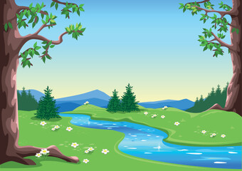 Fairytale forest with trees, flowering meadow, river and blue sky in cartoon style. The beauty of nature. Vector illustration of a beautiful landscape.