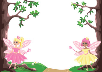 Fairy tale frame with two beautiful little fairies and princesses. Cute fairies with magic wands. Wonderland and dreamland. Vector illustration.