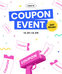 Money machine gun. Shoot the toy gun with coupon. Cash, Coupon, Paper flower. Making event banner template. Modern style. Trendy flat vector illustration.