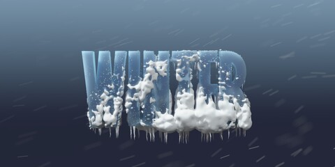 3d rendering. Volumetric inscription "Winter" isolated on a blue background, in the snow. Background