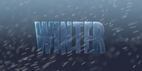 3d rendering. Volumetric inscription "Winter" isolated on a blue background, snow. Background