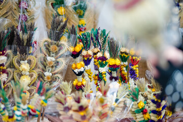 Traditional Lithuanian Easter palms known as verbos sold on Kaziukas, Easter market in Vilnius