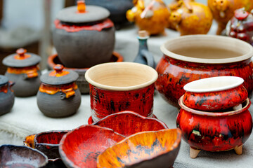 Ceramic dishes, tableware and jugs sold on Easter market in Vilnius
