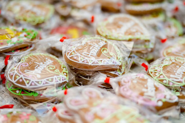 Fototapeta na wymiar Colorful home made gingerbread cookies sold in annual traditional crafts fair in Vilnius, Lithuania