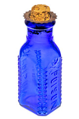Genuine antique cobalt blue poison bottle from the 1800s with skull and crossbones - 558389282