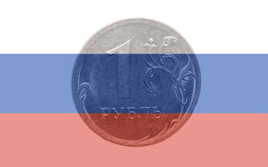 Money coin rubles on the Russian flag