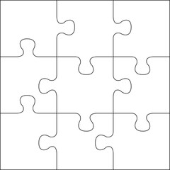 Puzzles grid template. Jigsaw puzzle 9 pieces, thinking game and 3x3 jigsaws detail frame design. Business assemble metaphor or puzzles game challenge vector illustration. EPS 10.