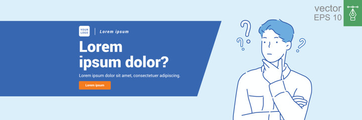 Vector illustration in flat linear style and blue colors. Problem solving concept, man thinking with question mark. Hand drawn style vector design illustrations. EPS 10.