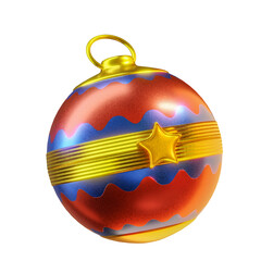 Vivid Gold red blue Christmas ornament ball close up.