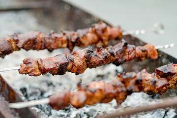 Chicken kabobs grilled on metal skewers outdoors
