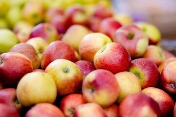 Fresh red and yellow apples in wooden crates sold on farmers food market in Vilnius, Lithuania