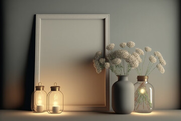Empty frame with vases of flowers. generative Ai. 