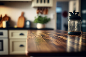 Obraz na płótnie Canvas Blurred modern kitchen interior and desk space and outstanding furniture. 