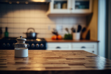 Blurred modern kitchen interior and desk space and outstanding furniture. 