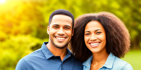 Fototapeta premium Young friendly smiling colored couple in front of green sunny background, fictional person, made with generative AI