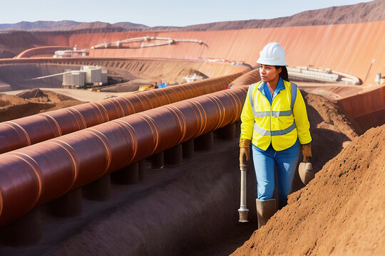 Young female technician with a piece of pipe and a nipple carries out maintenance work on the pipeline of an open pit mine, fictional person, made with generative AI
