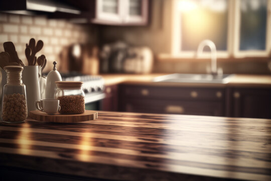 Blurred modern kitchen interior and desk space and outstanding furniture. 