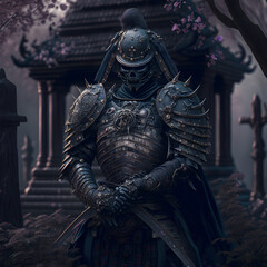 Fototapeta premium A Macabre Futurist Samurai In a Cemetery Wearing a Black Armor, AI Generative