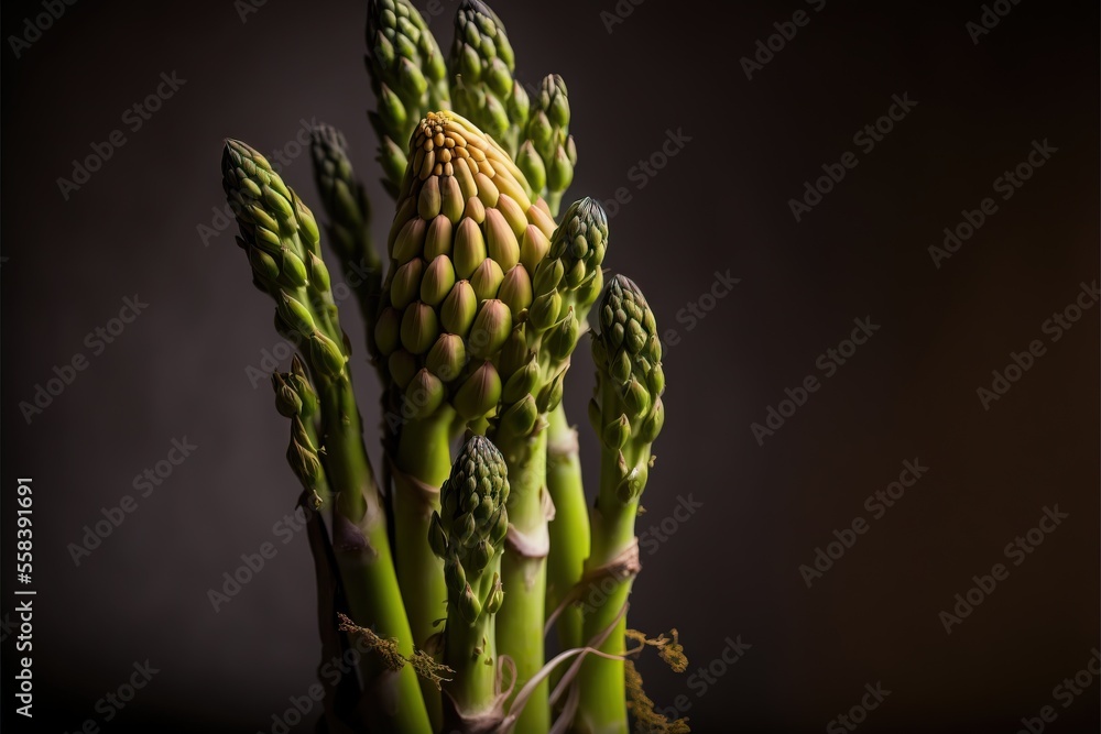 Poster a bunch of green asparagus on a black background with a yellow center in the middle of the stalk and