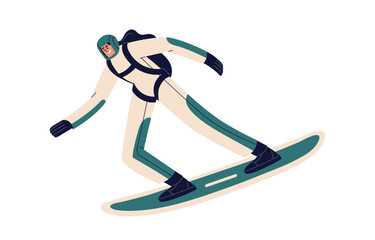 Sky surfer, diver with parachute backpack, surfing, floating in air, standing on board at height. Extreme skydiving. Flat vector illustration of skysurfer, skydiver isolated on white background