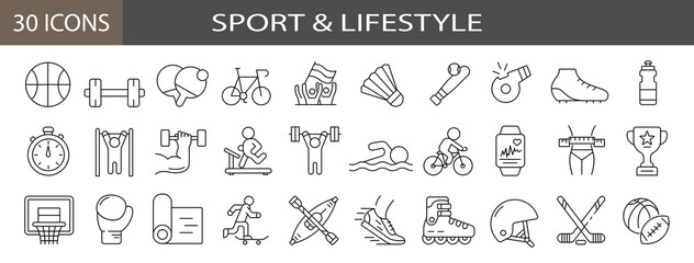 30 web icons in line style Sport and lifestyle . Fitness, entertainment, healthy food, gym, training, workout, muscle, nutrition and dieting.