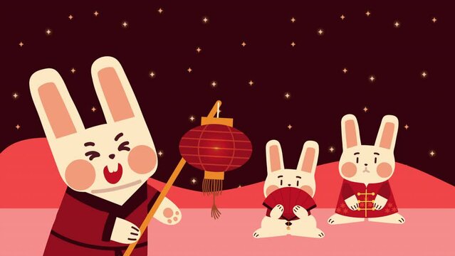 group of chinese rabbits animation